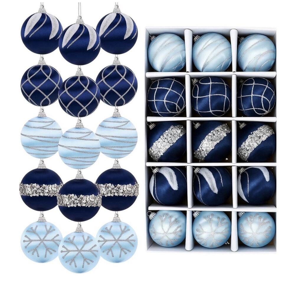 15 Pcs 2.4 Inch Christmas SatinNavy Blue Ornaments Luxury Silk Shatterproof New